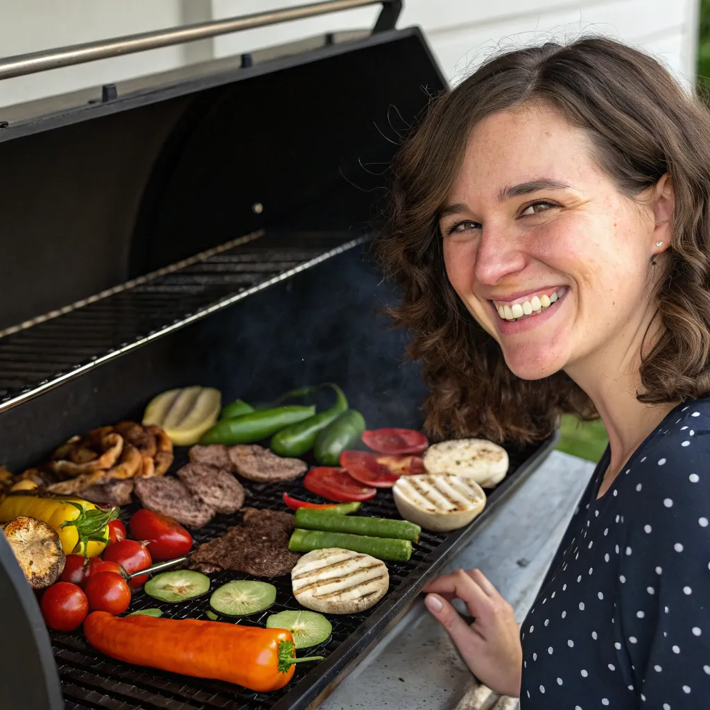Emily smiling next to a large grill with various vegetables and meats.