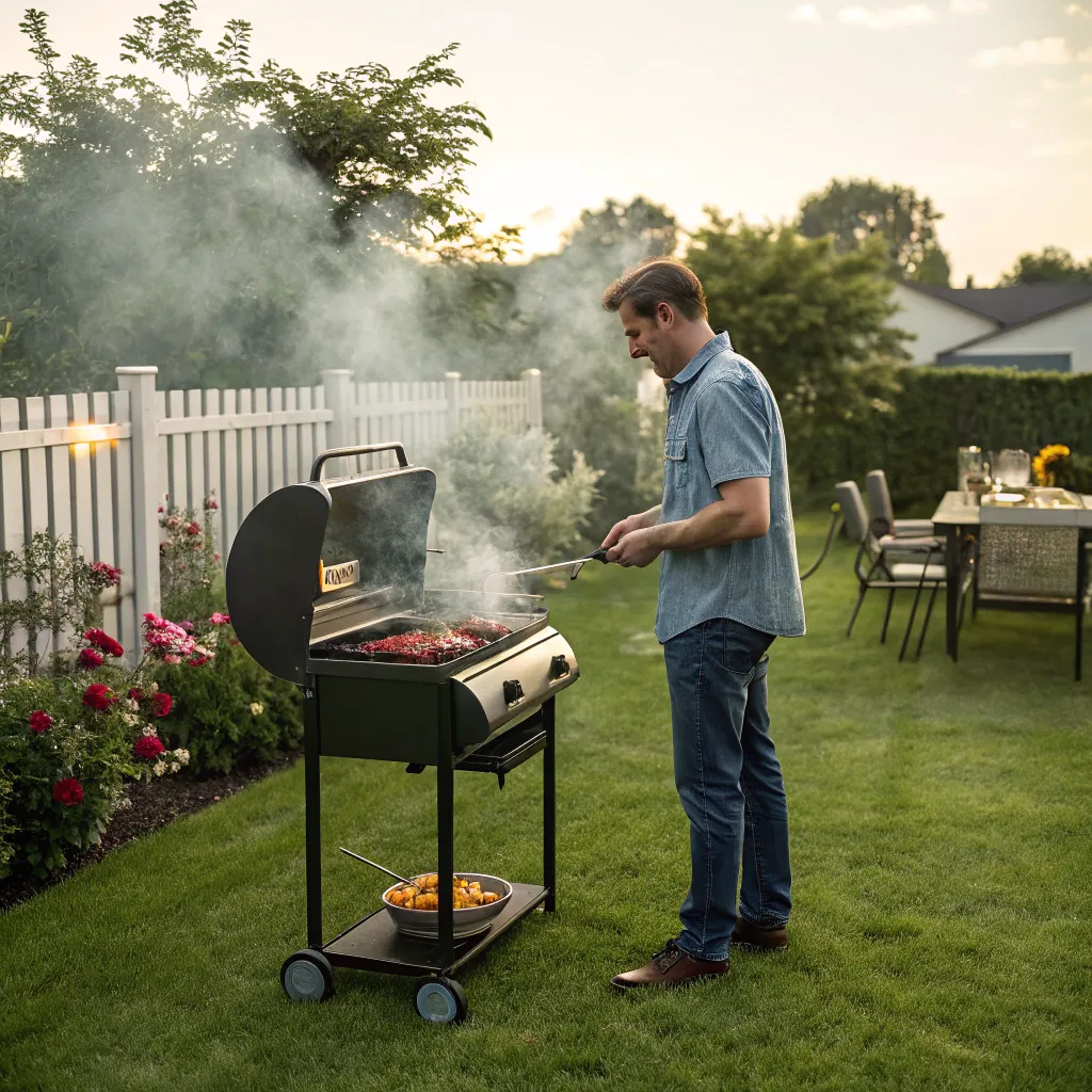 Man grilling in a backyard