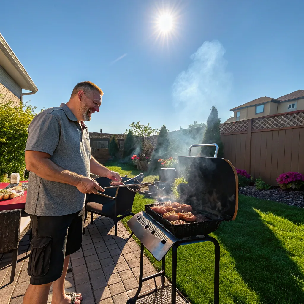 Mark grilling in his backyard under a sunny sky.