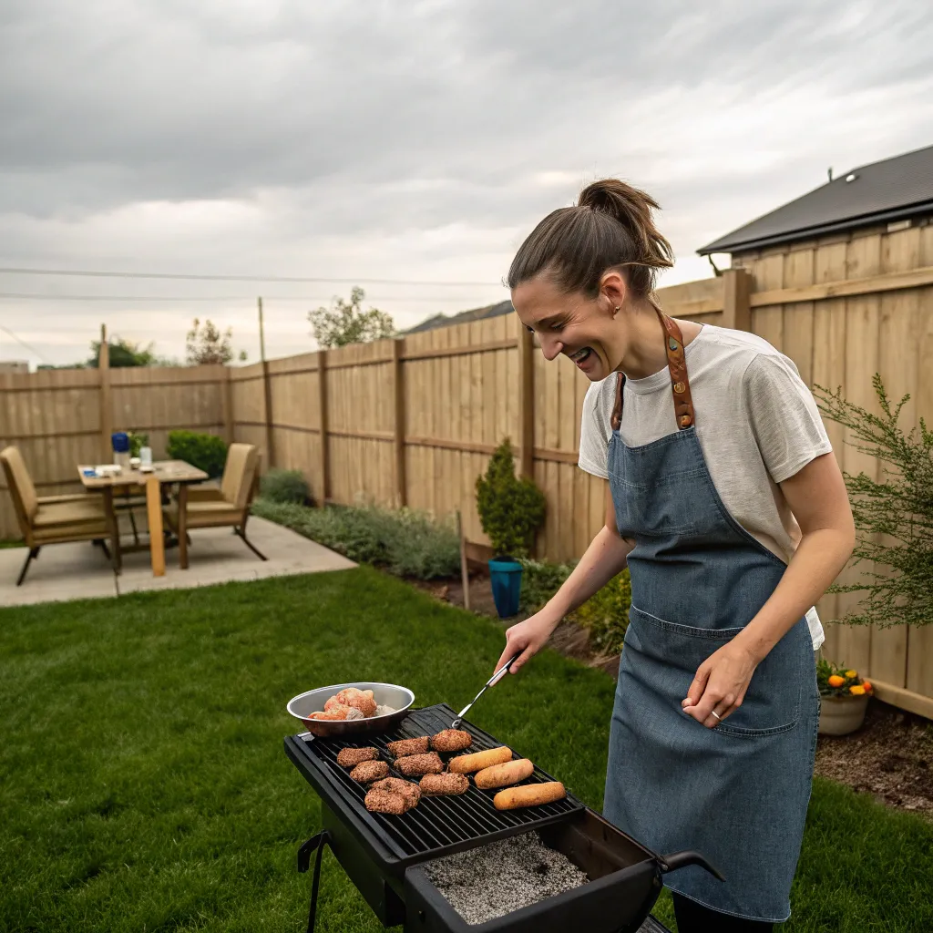Sophie grilling burgers and hotdogs on a small grill in her backyard.